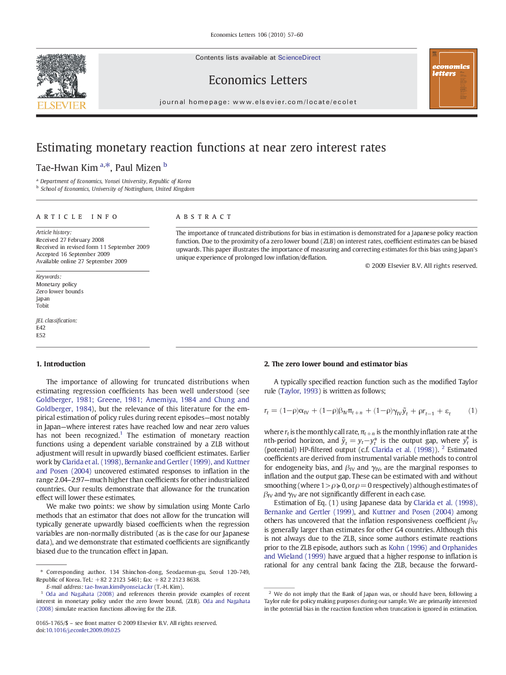 Estimating monetary reaction functions at near zero interest rates