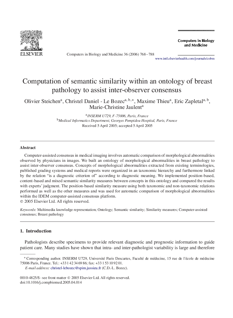 Computation of semantic similarity within an ontology of breast pathology to assist inter-observer consensus