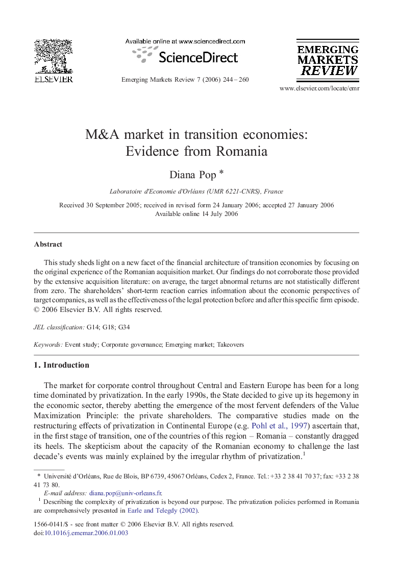 M&A market in transition economies: Evidence from Romania