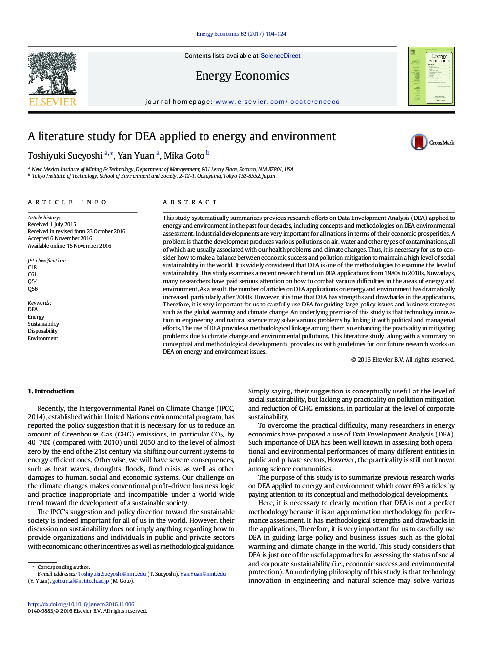 A literature study for DEA applied to energy and environment