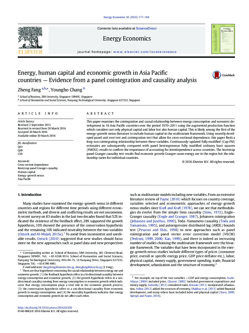 Energy, human capital and economic growth in Asia Pacific countries - Evidence from a panel cointegration and causality analysis