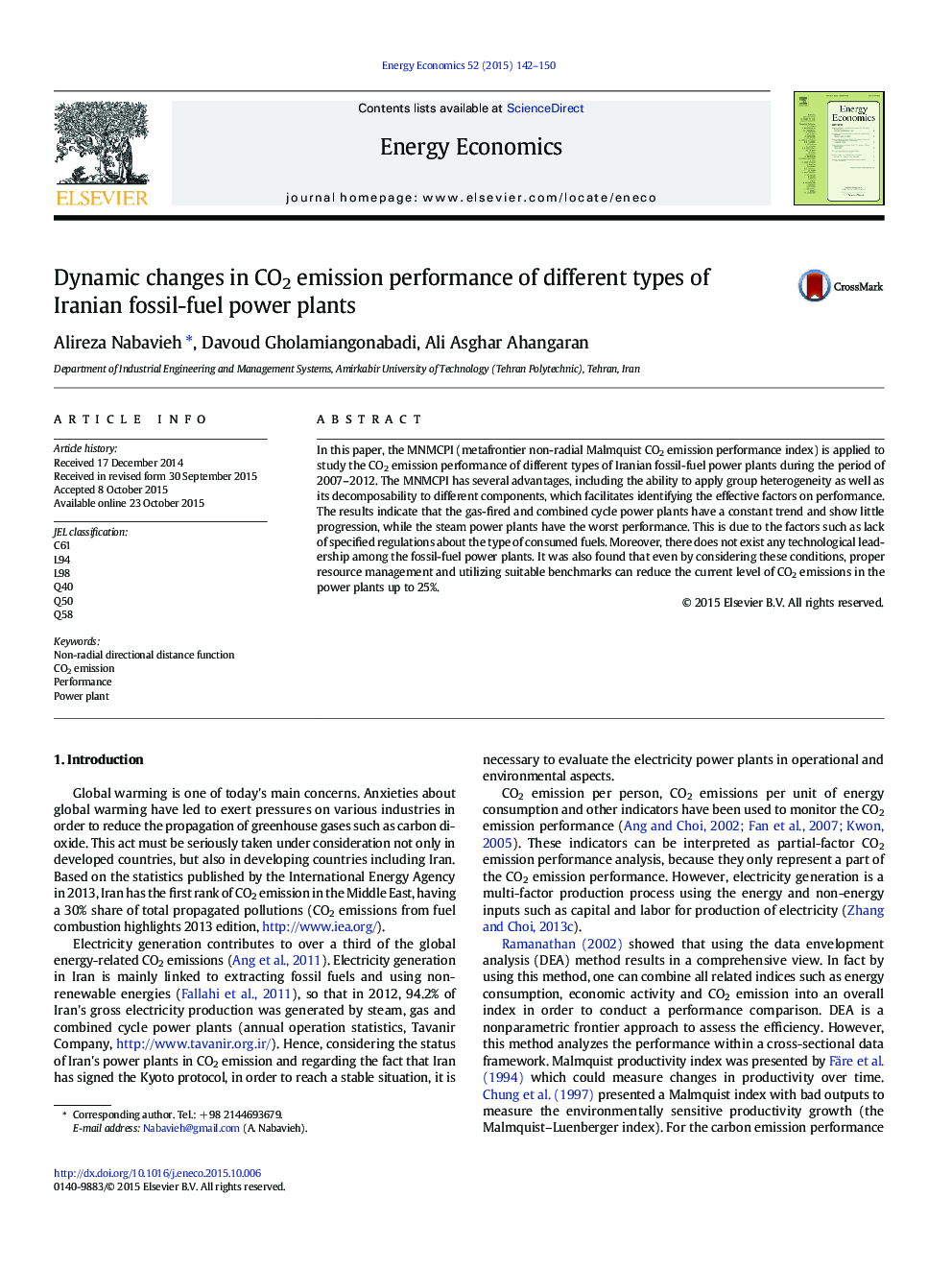 Dynamic changes in CO2 emission performance of different types of Iranian fossil-fuel power plants