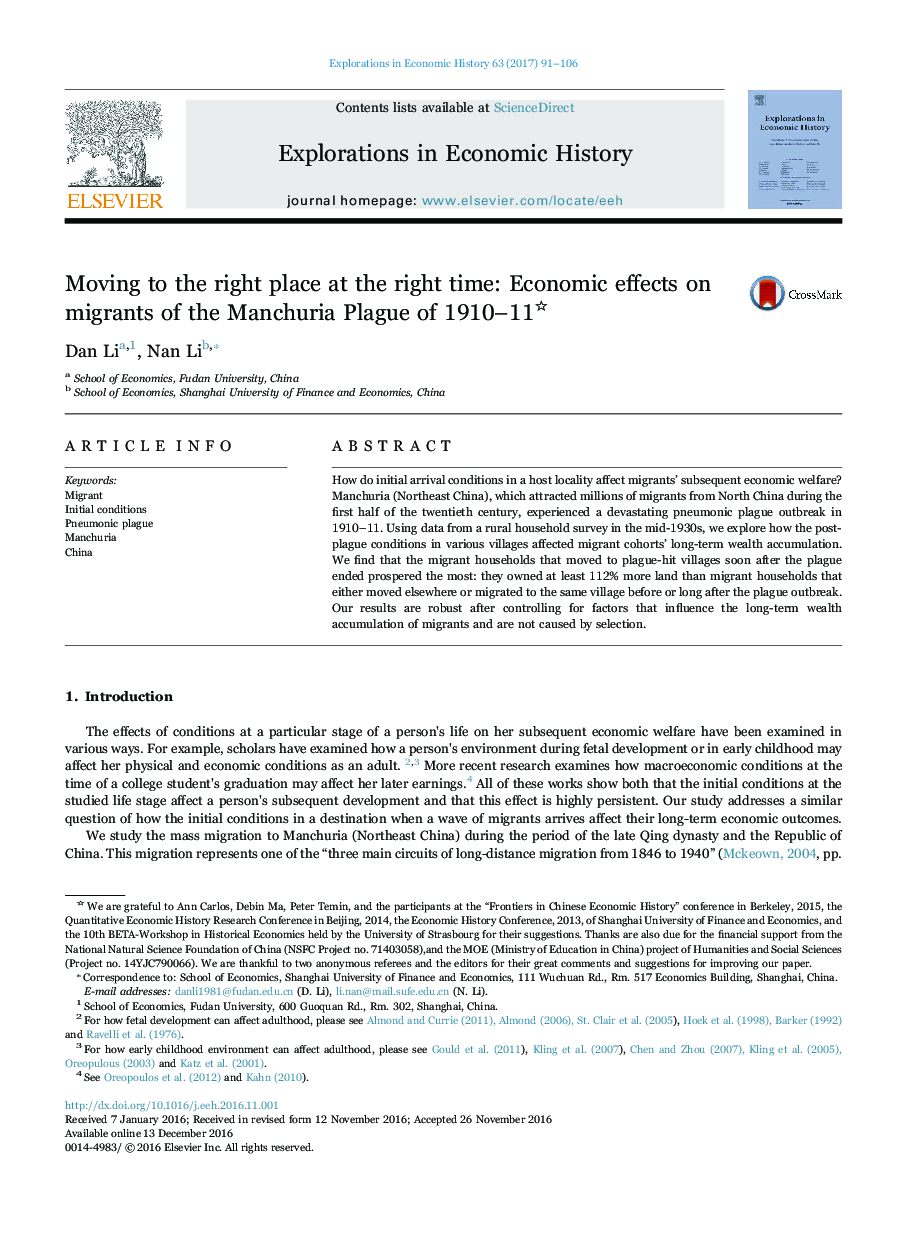 در حال حرکت به جای مناسب در زمان مناسب: اثرات اقتصادی بر مهاجران طاعون Manchuria از 1910 تا 11