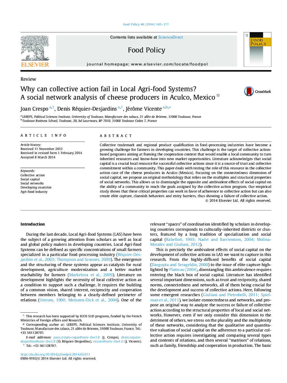 Why can collective action fail in Local Agri-food Systems? A social network analysis of cheese producers in Aculco, Mexico