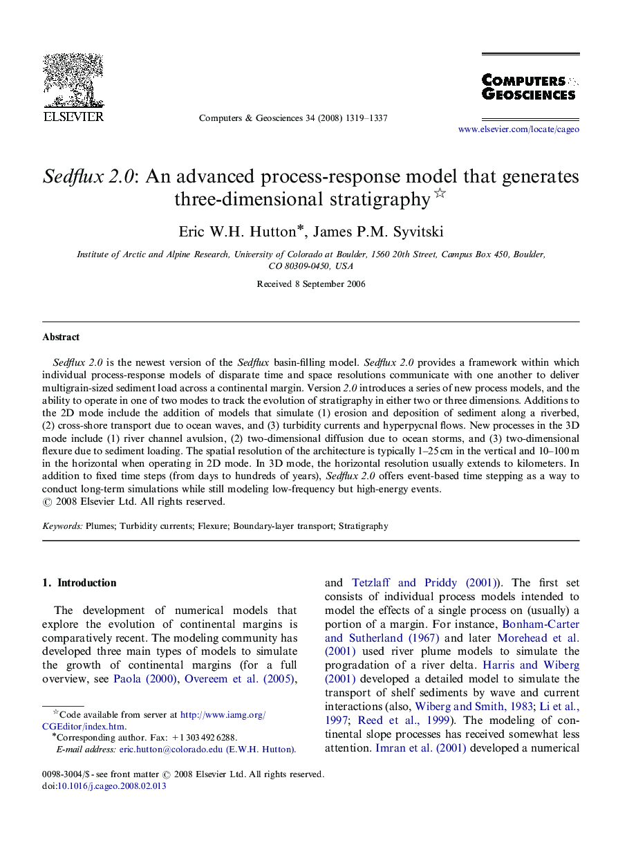 Sedflux 2.0: An advanced process-response model that generates three-dimensional stratigraphy 