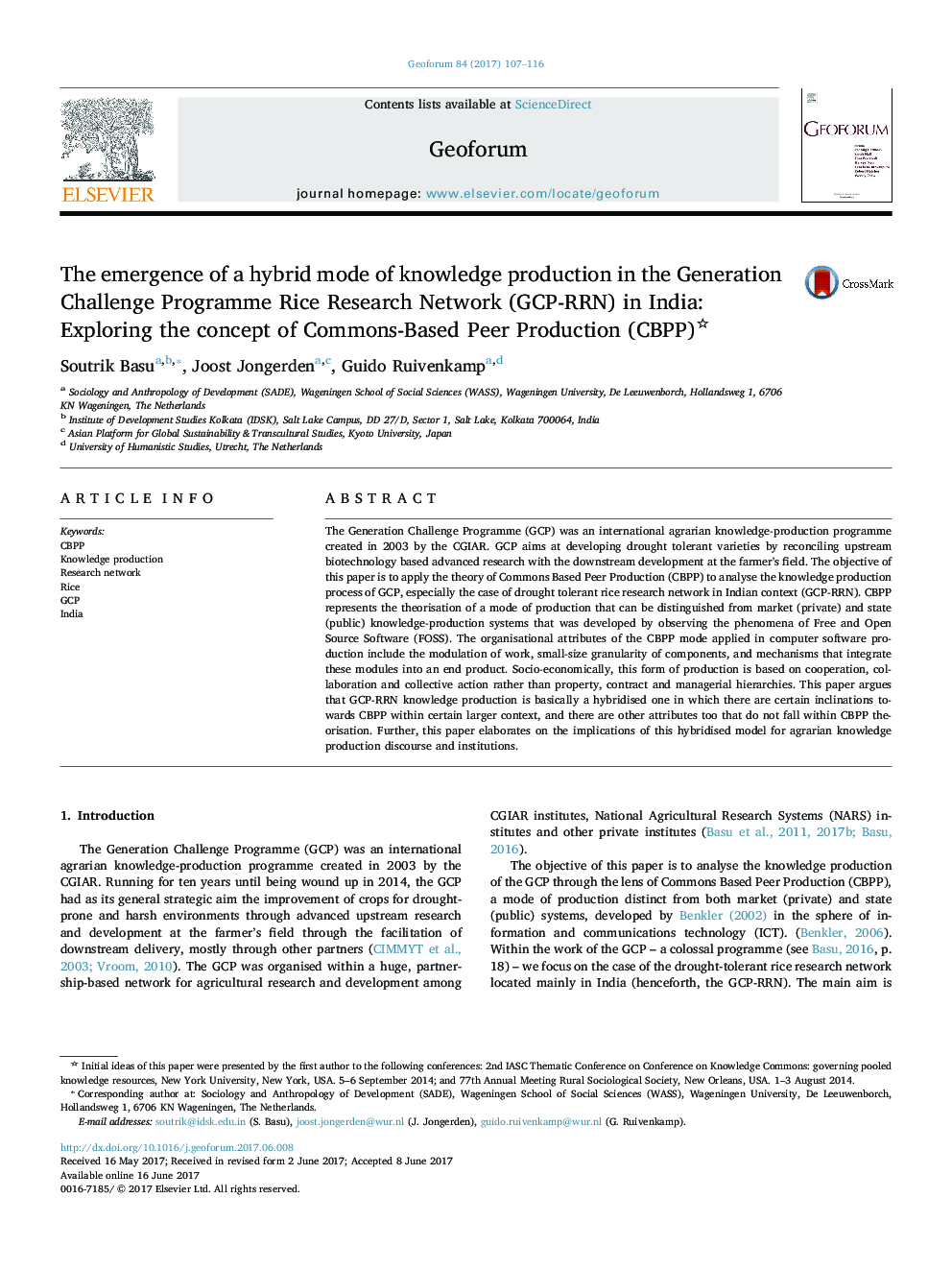 The emergence of a hybrid mode of knowledge production in the Generation Challenge Programme Rice Research Network (GCP-RRN) in India: Exploring the concept of Commons-Based Peer Production (CBPP)
