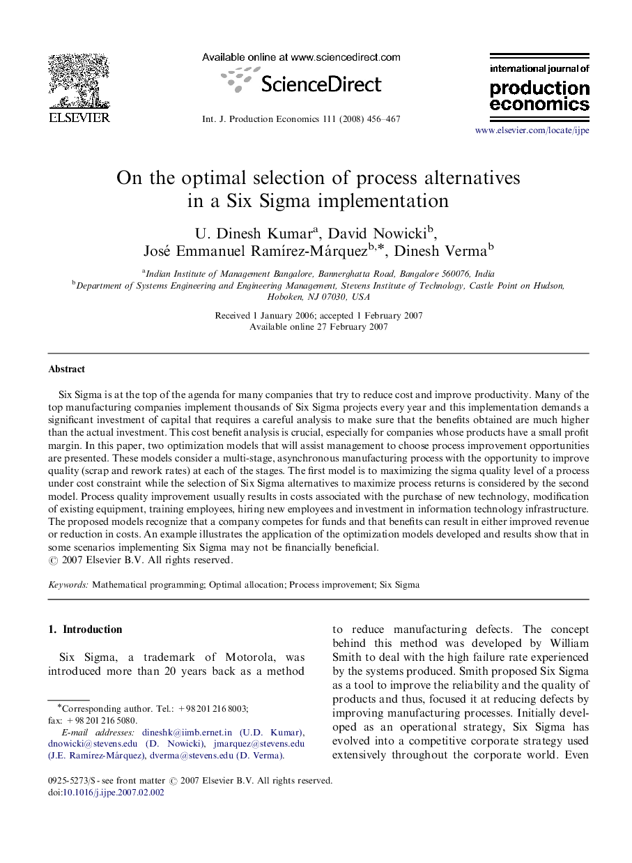 On the optimal selection of process alternatives in a Six Sigma implementation