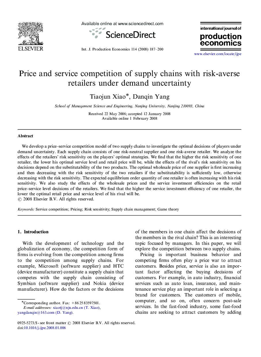 Price and service competition of supply chains with risk-averse retailers under demand uncertainty