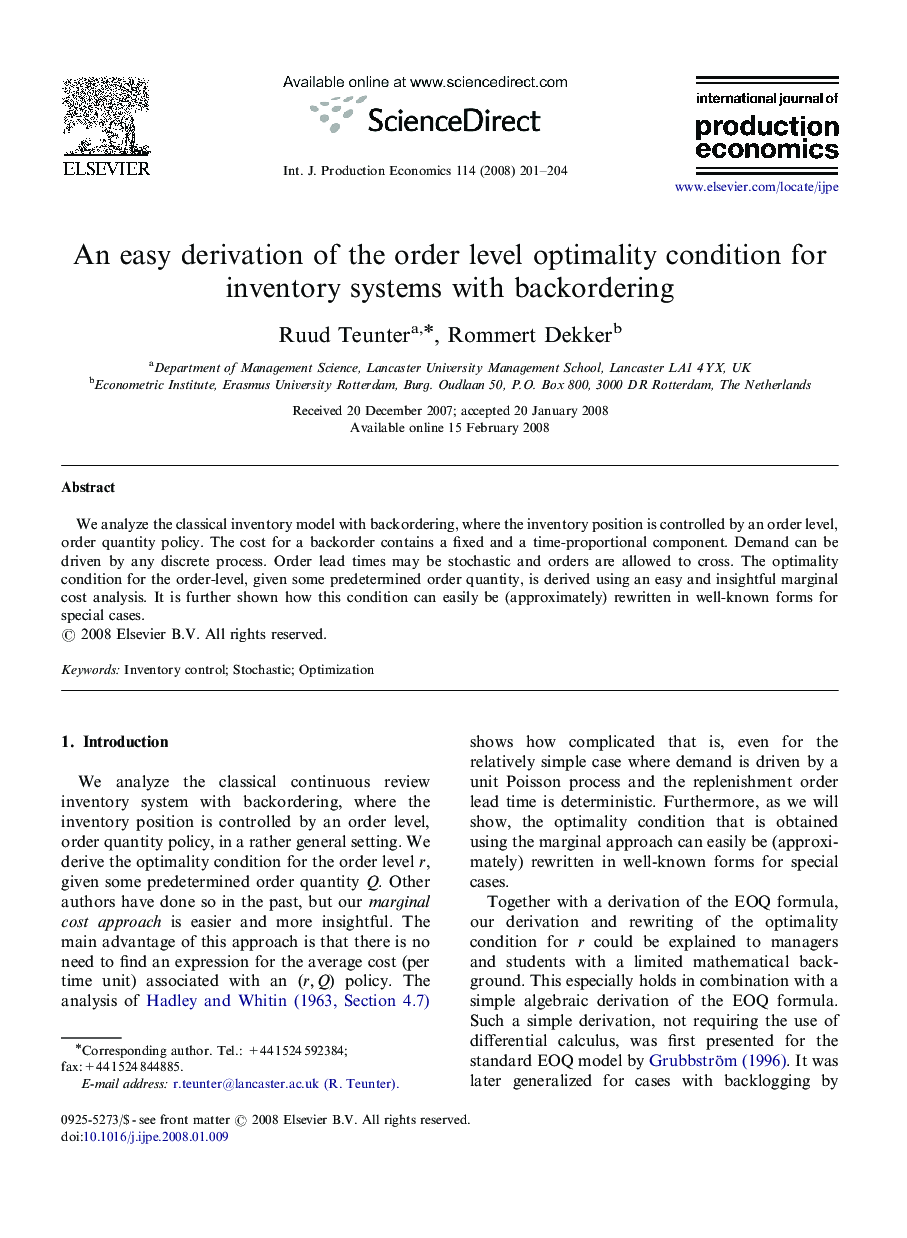 An easy derivation of the order level optimality condition for inventory systems with backordering