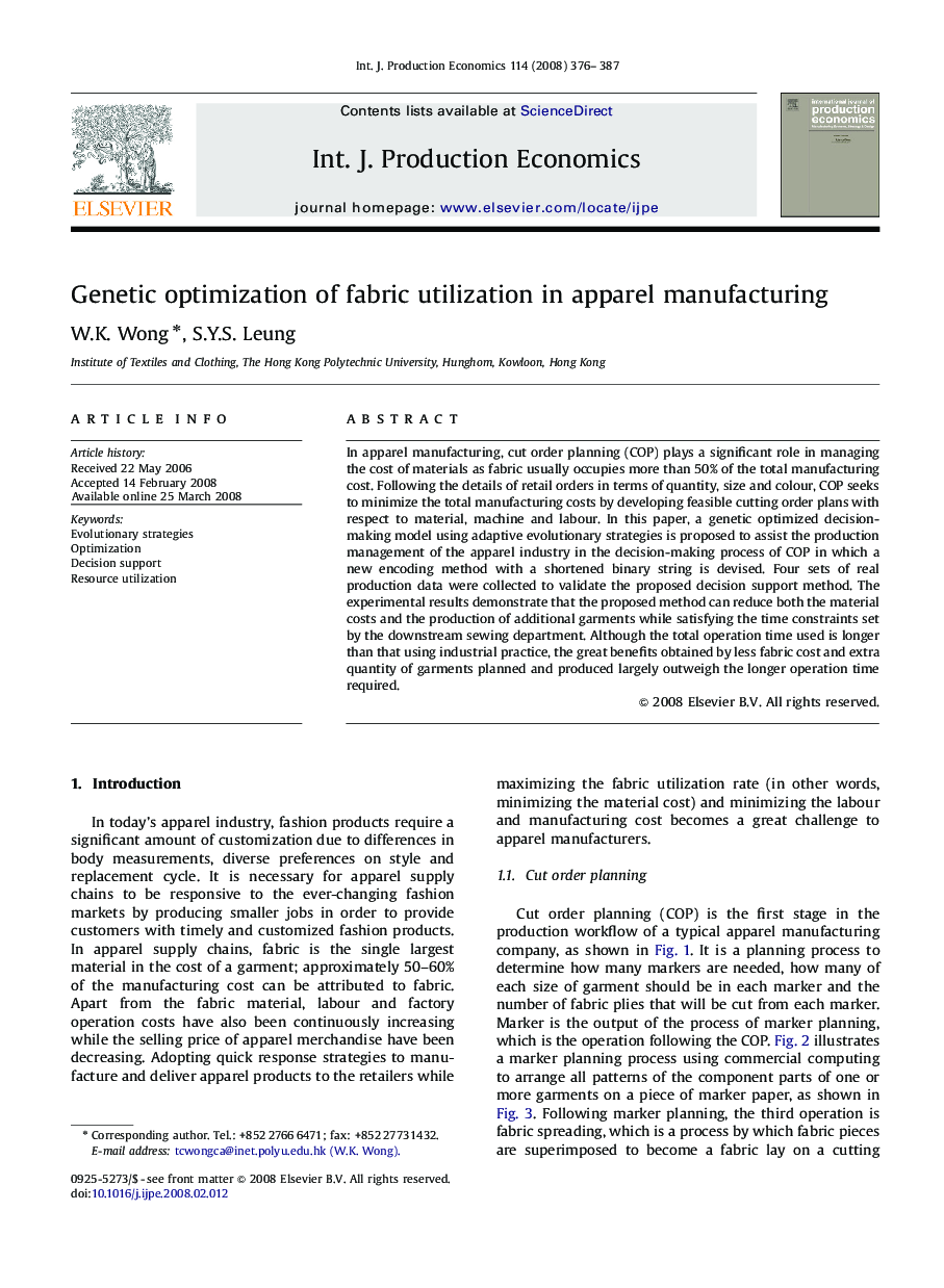 Genetic optimization of fabric utilization in apparel manufacturing