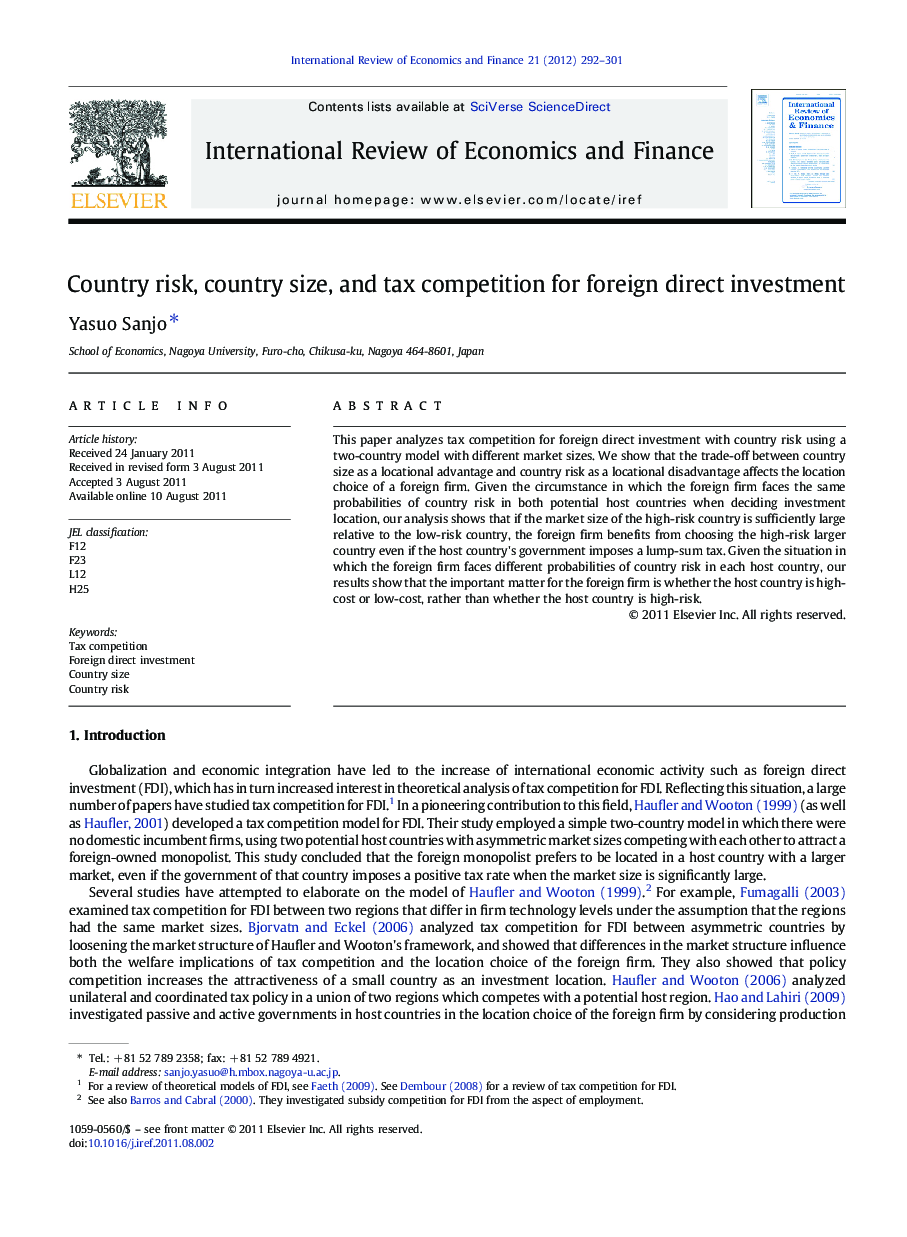 Country risk, country size, and tax competition for foreign direct investment