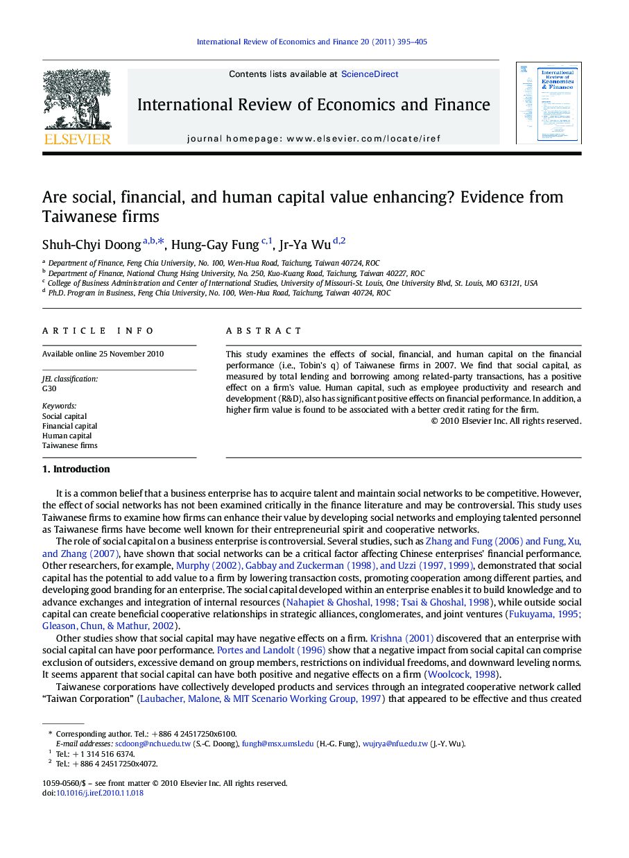 Are social, financial, and human capital value enhancing? Evidence from Taiwanese firms