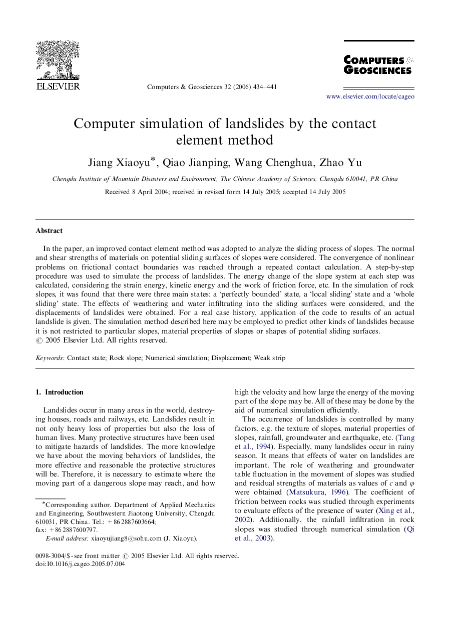 Computer simulation of landslides by the contact element method
