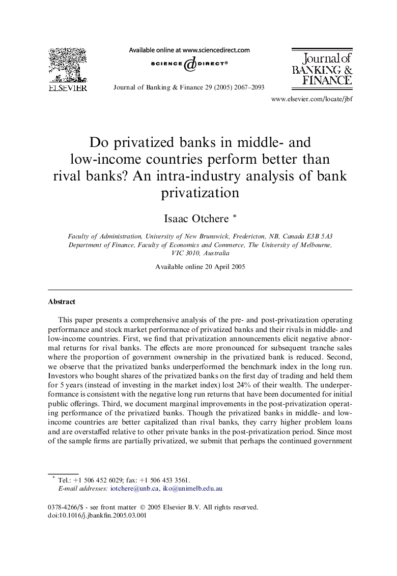 Do privatized banks in middle- and low-income countries perform better than rival banks? An intra-industry analysis of bank privatization