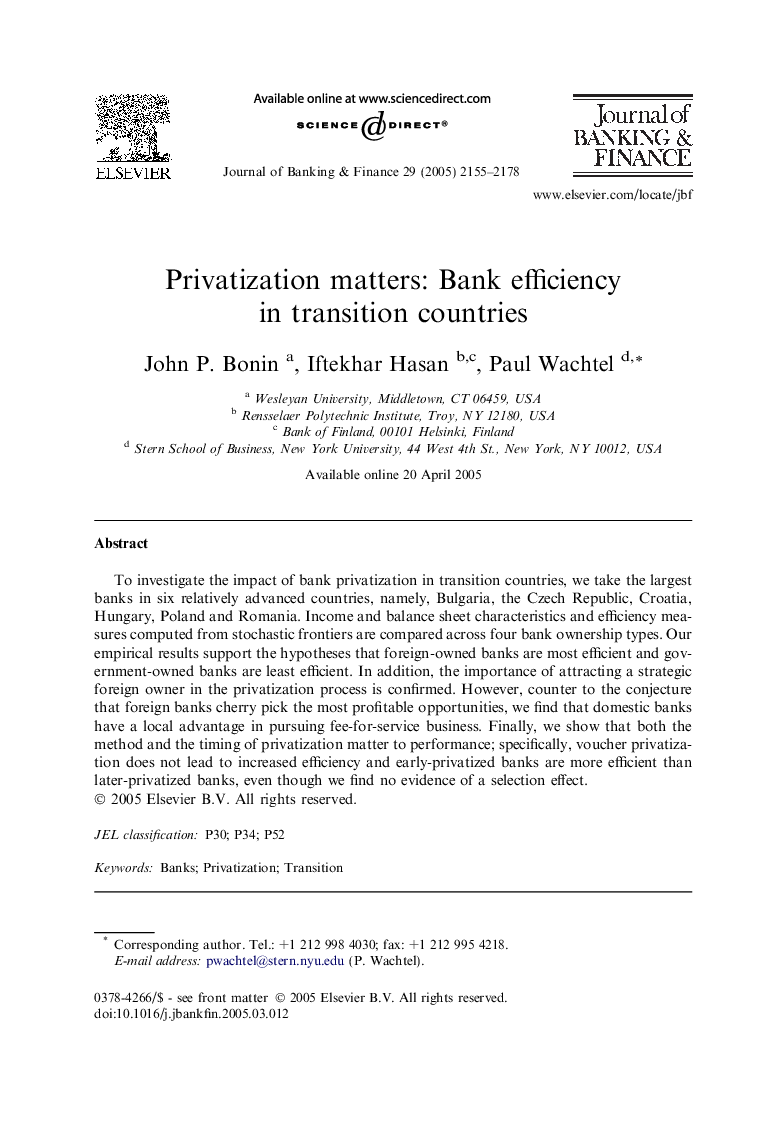 Privatization matters: Bank efficiency in transition countries