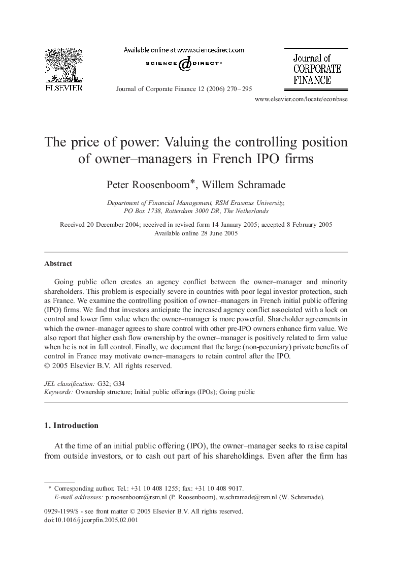 The price of power: Valuing the controlling position of owner-managers in French IPO firms