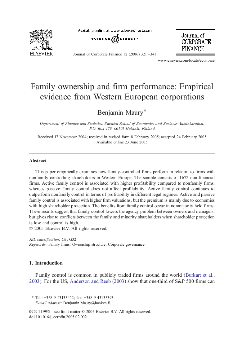 Family ownership and firm performance: Empirical evidence from Western European corporations
