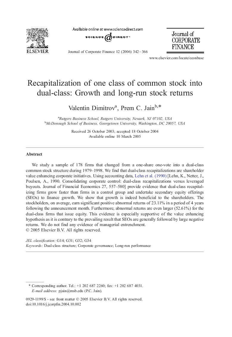 Recapitalization of one class of common stock into dual-class: Growth and long-run stock returns