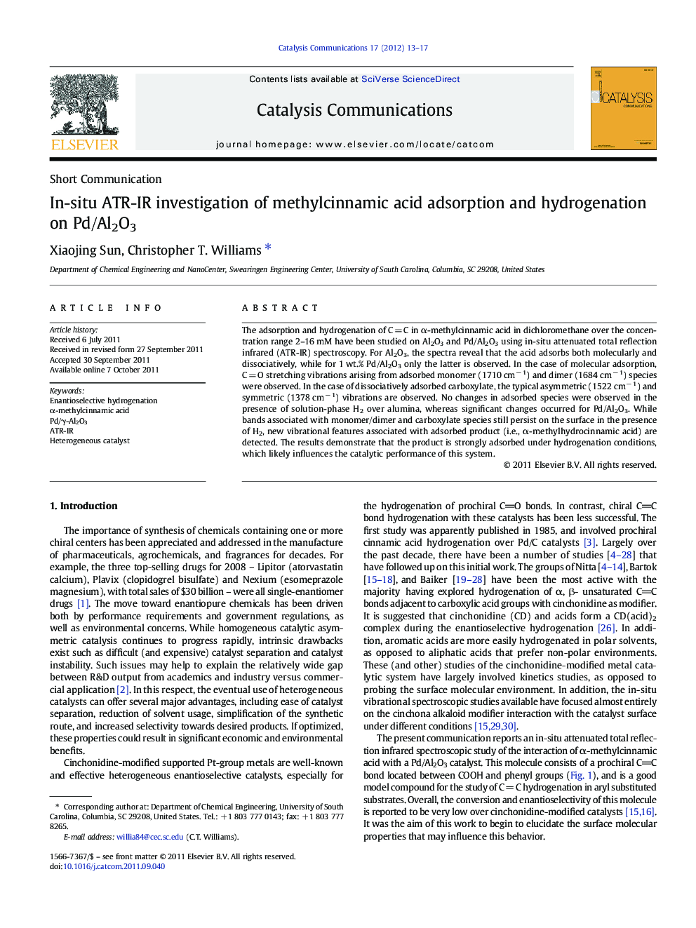 In-situ ATR-IR investigation of methylcinnamic acid adsorption and hydrogenation on Pd/Al2O3