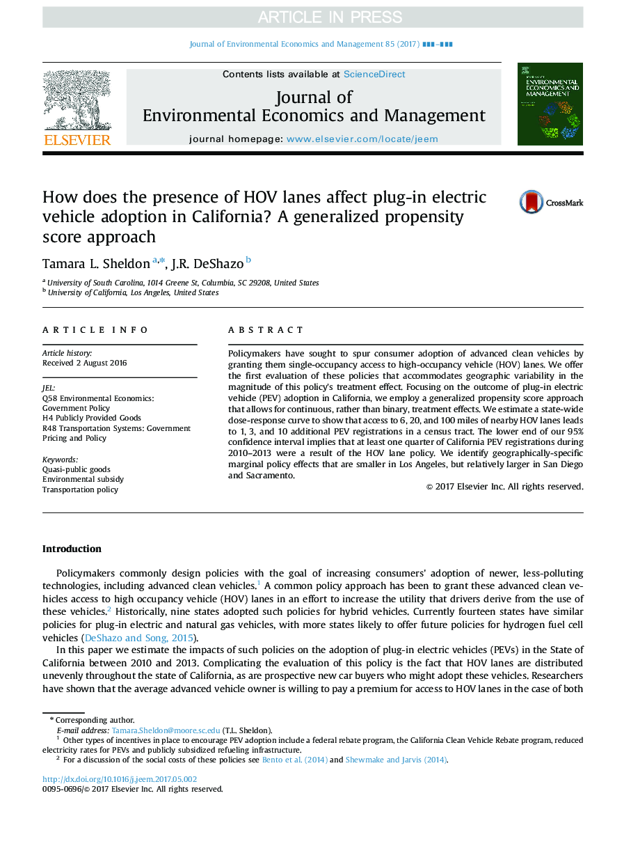 How does the presence of HOV lanes affect plug-in electric vehicle adoption in California? A generalized propensity score approach