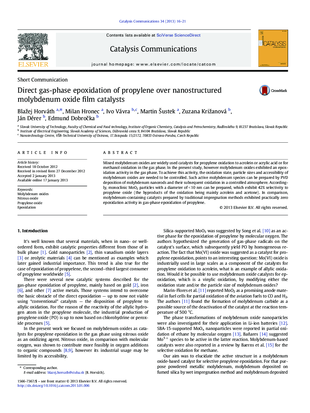 Direct gas-phase epoxidation of propylene over nanostructured molybdenum oxide film catalysts