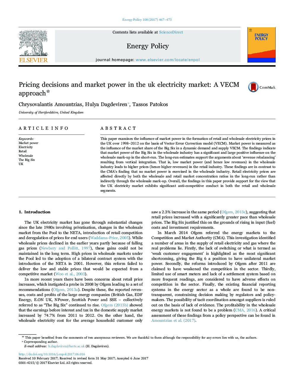 Pricing decisions and market power in the UK electricity market: A VECM approach