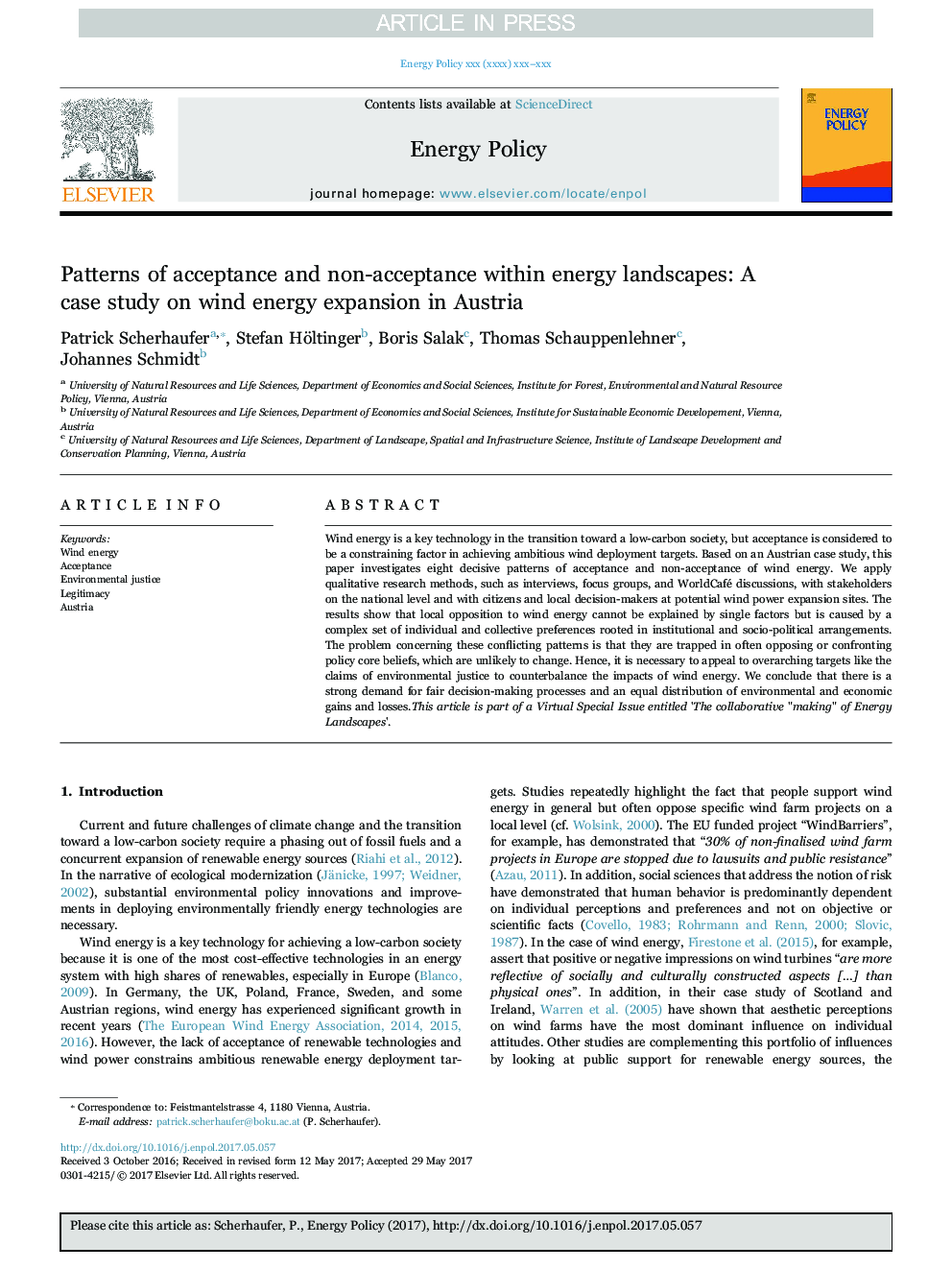 الگوهای پذیرش و عدم پذیرش در مناظر انرژی: مطالعه موردی در مورد گسترش انرژی باد در اتریش 