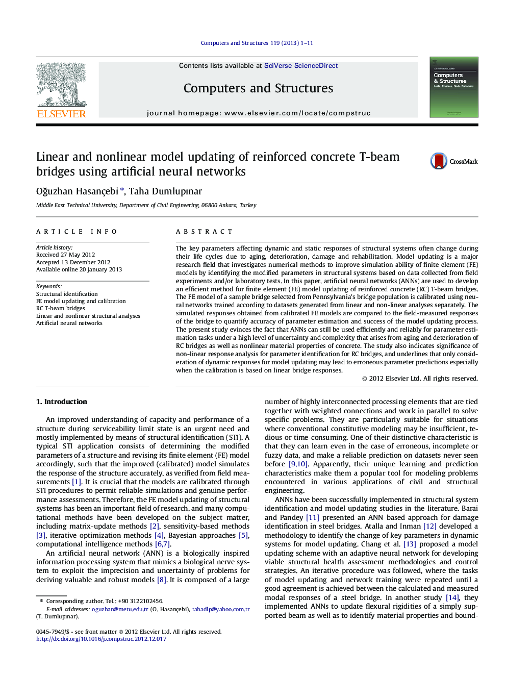 Linear and nonlinear model updating of reinforced concrete T-beam bridges using artificial neural networks