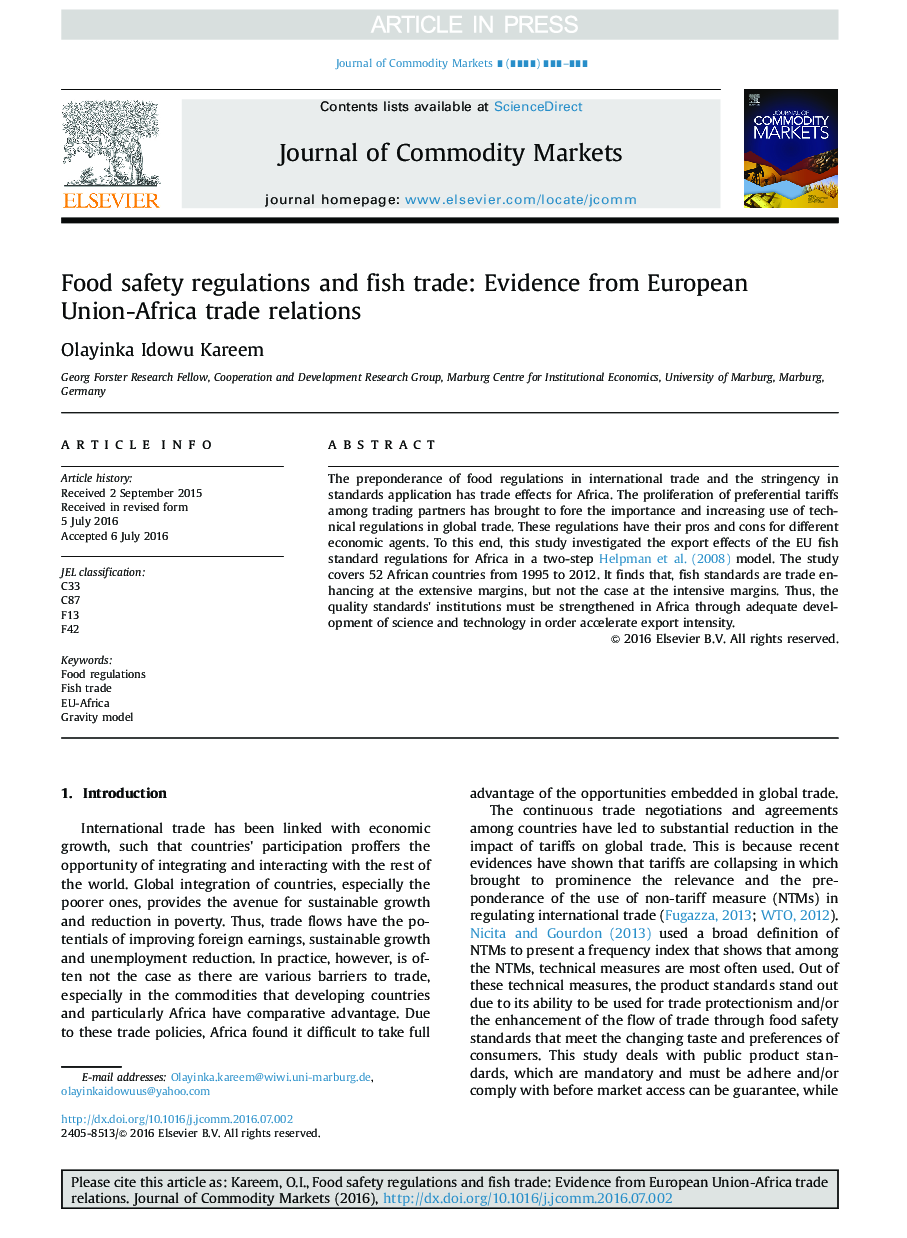 مقررات ایمنی مواد غذایی و تجارت ماهی: شواهد از روابط تجاری اتحادیه اروپا و آفریقا 