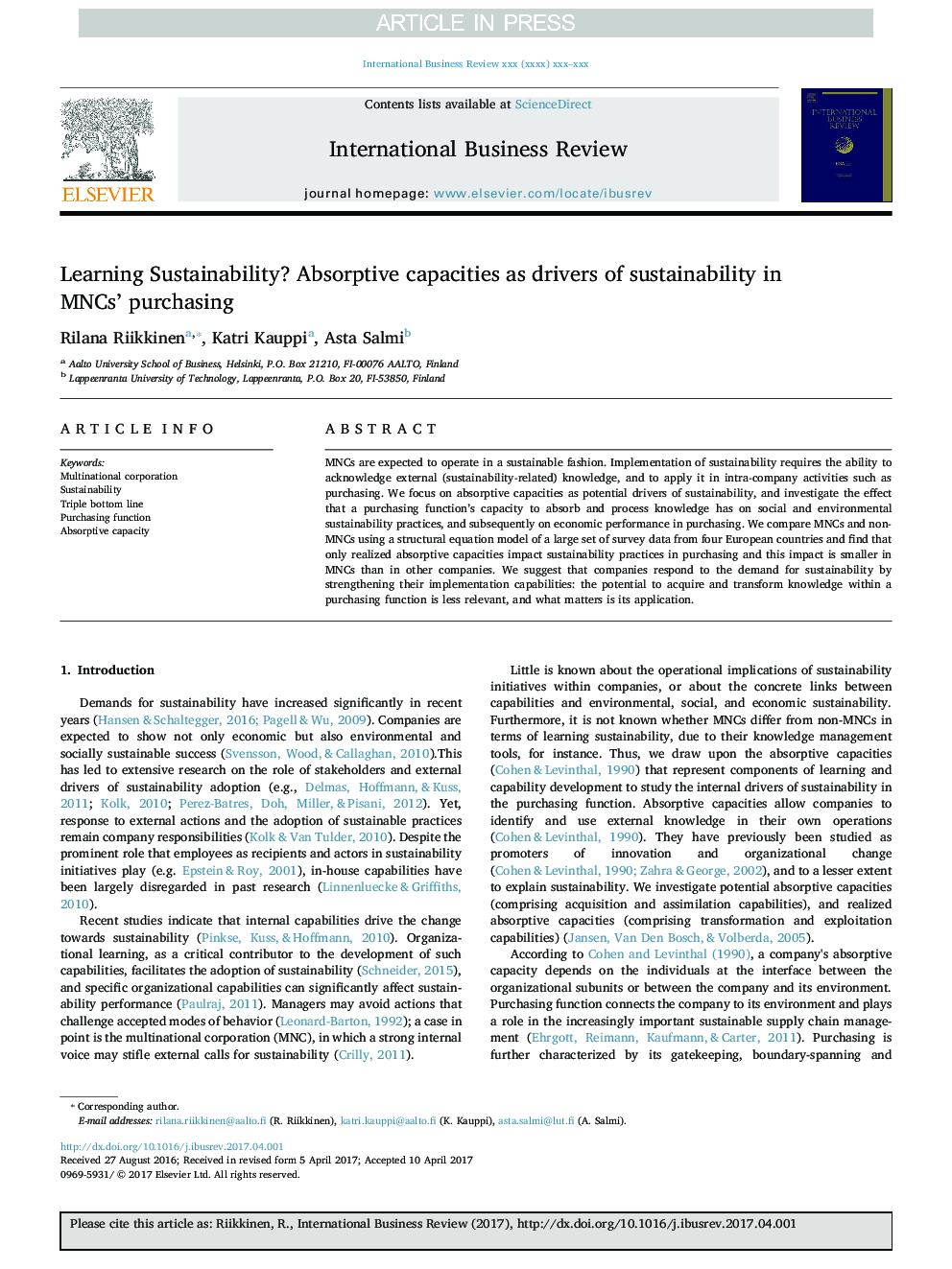 Learning Sustainability? Absorptive capacities as drivers of sustainability in MNCs' purchasing