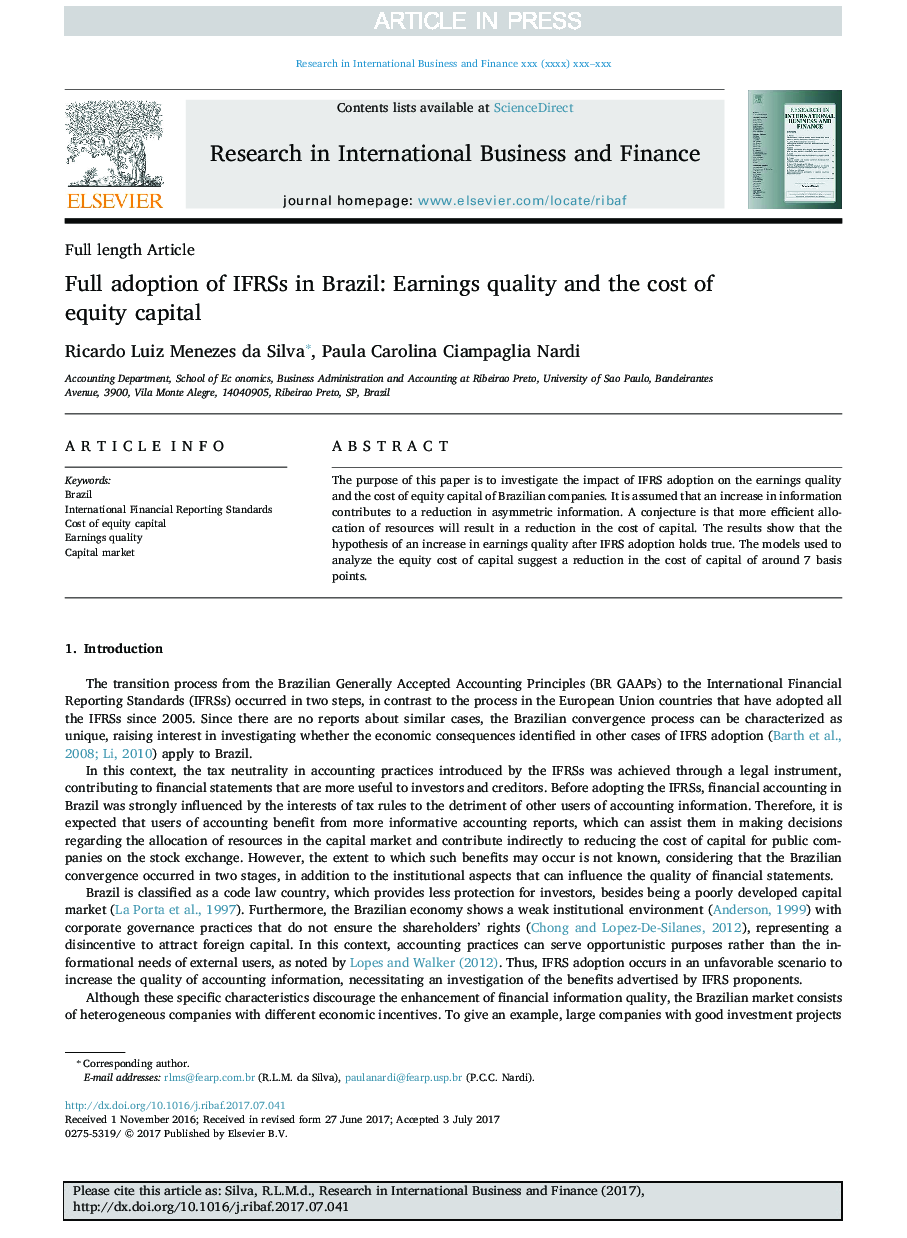 Full adoption of IFRSs in Brazil: Earnings quality and the cost of equity capital