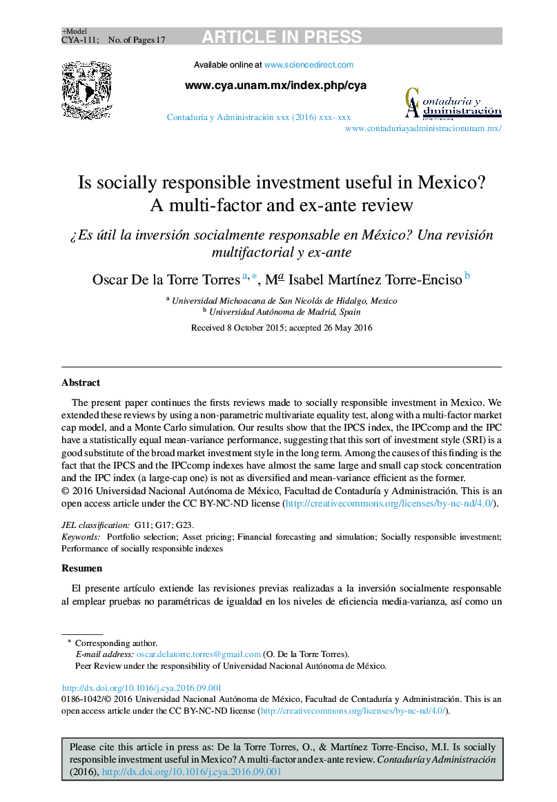Is socially responsible investment useful in Mexico? A multi-factor and ex-ante review