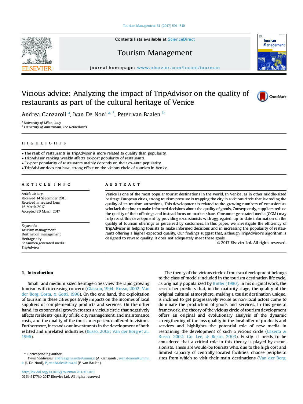 Vicious advice: Analyzing the impact of TripAdvisor on the quality of restaurants as part of the cultural heritage of Venice