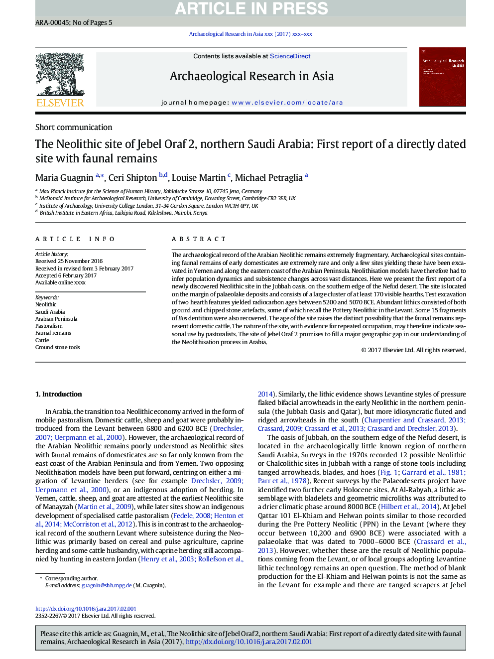 The Neolithic site of Jebel Oraf 2, northern Saudi Arabia: First report of a directly dated site with faunal remains