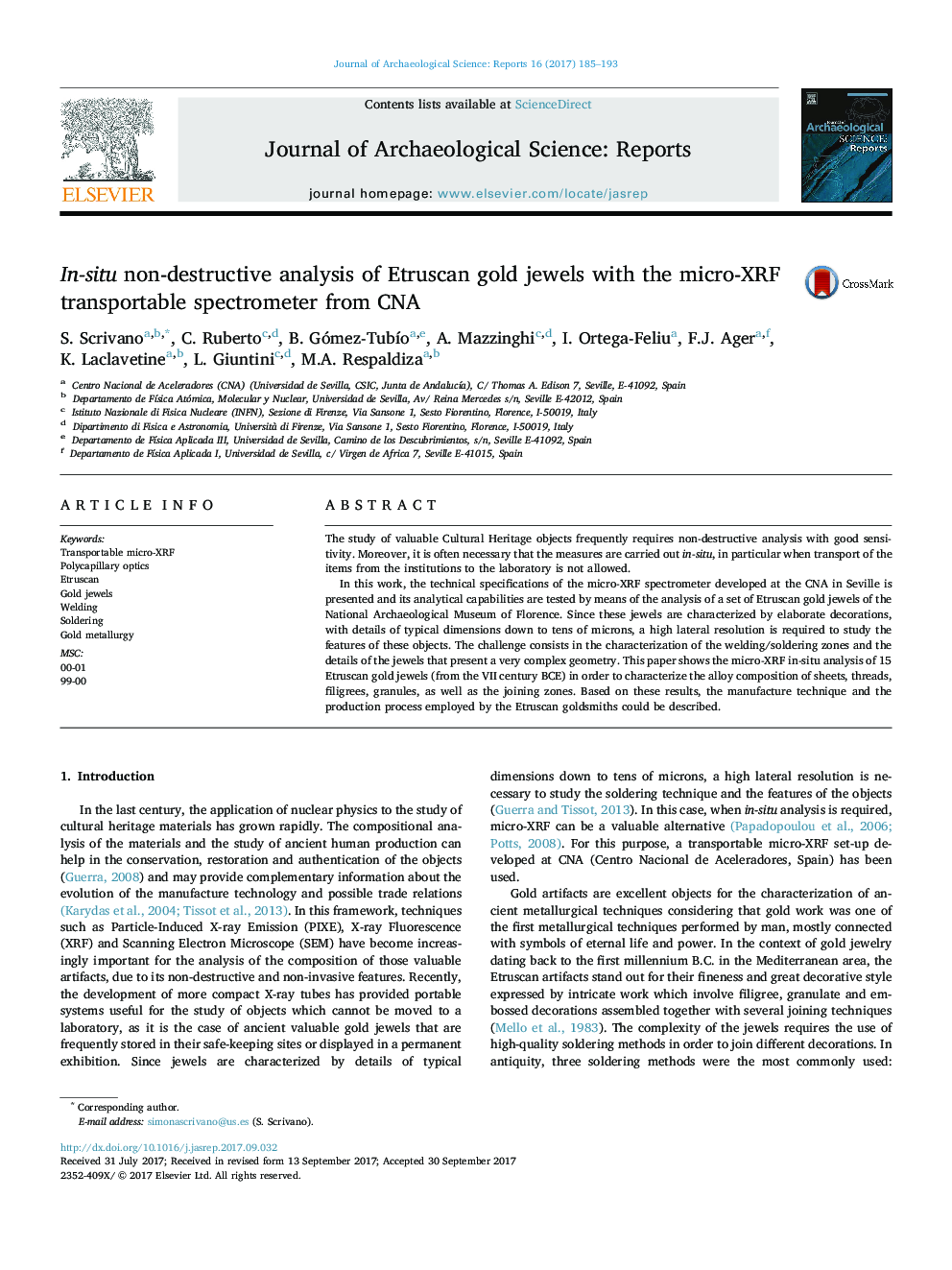 In-situ non-destructive analysis of Etruscan gold jewels with the micro-XRF transportable spectrometer from CNA