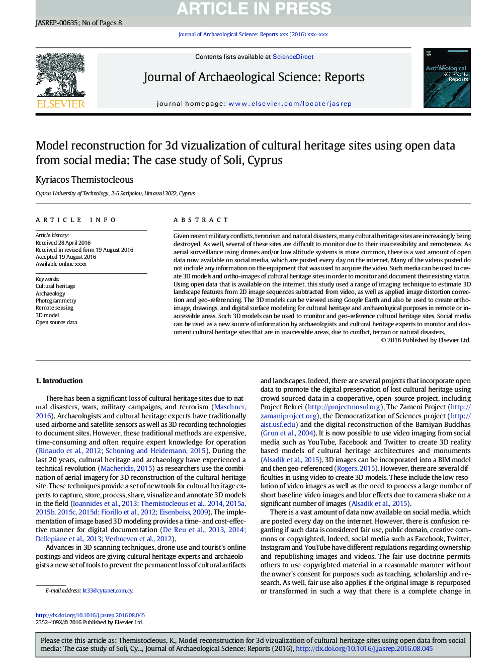 Model reconstruction for 3d vizualization of cultural heritage sites using open data from social media: The case study of Soli, Cyprus