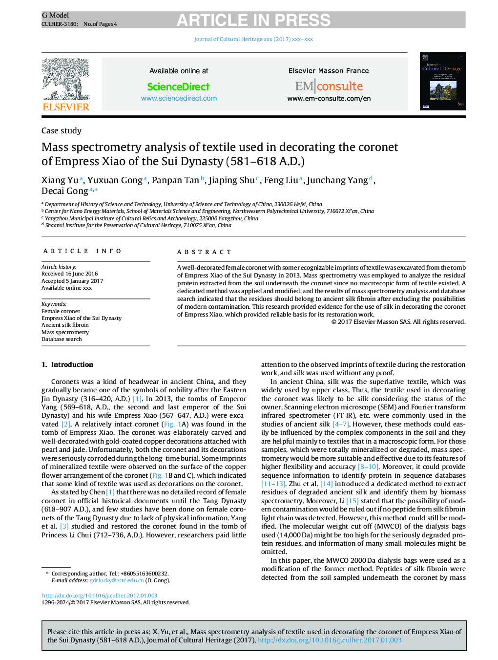 Mass spectrometry analysis of textile used in decorating the coronet of Empress Xiao of the Sui Dynasty (581-618 A.D.)