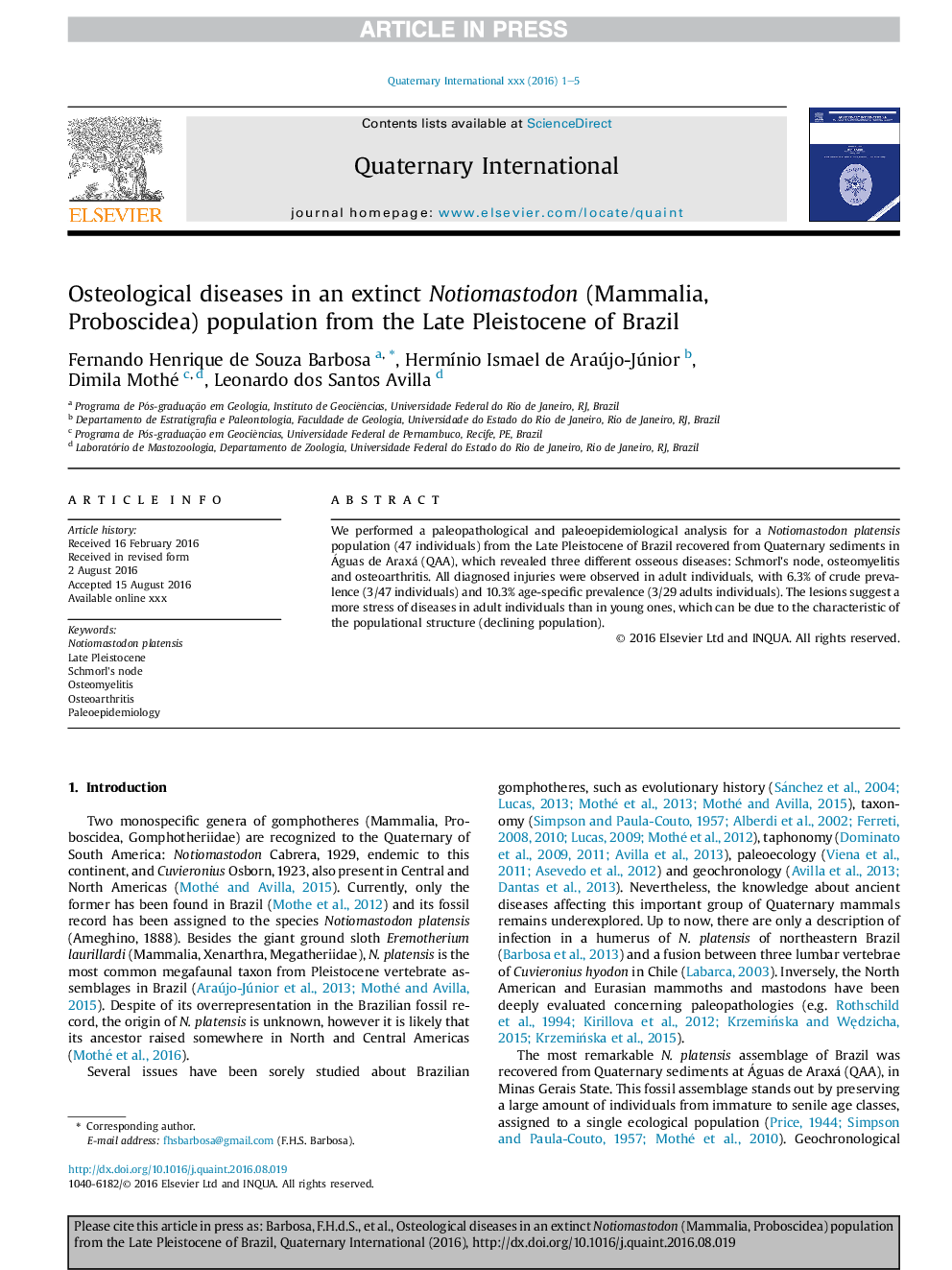 Osteological diseases in an extinct Notiomastodon (Mammalia, Proboscidea) population from the Late Pleistocene of Brazil