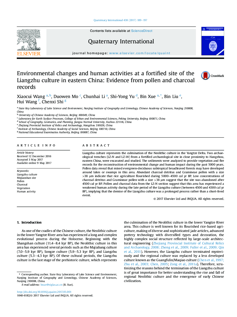 Environmental changes and human activities at a fortified site of the Liangzhu culture in eastern China: Evidence from pollen and charcoal records