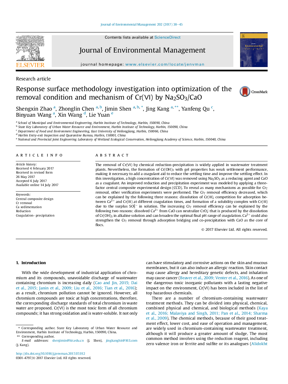 Response surface methodology investigation into optimization of the removal condition and mechanism of Cr(â¥) by Na2SO3/CaO