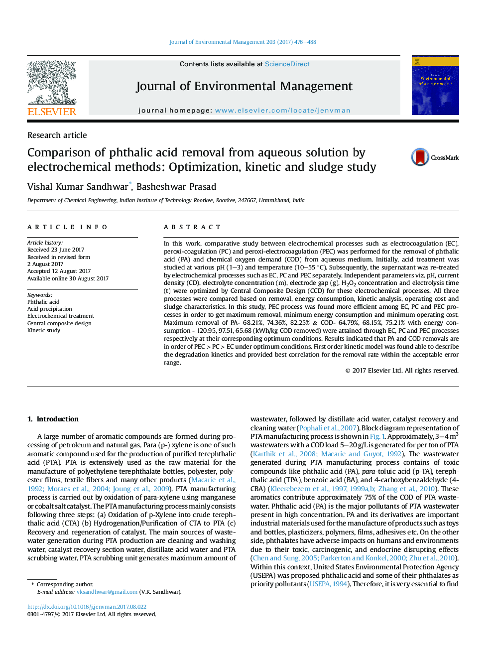 مقایسه حذف اسید فتالیک از محلول آبی با روش های الکتروشیمیایی: بهینه سازی، مطالعه جنبشی و لجن 