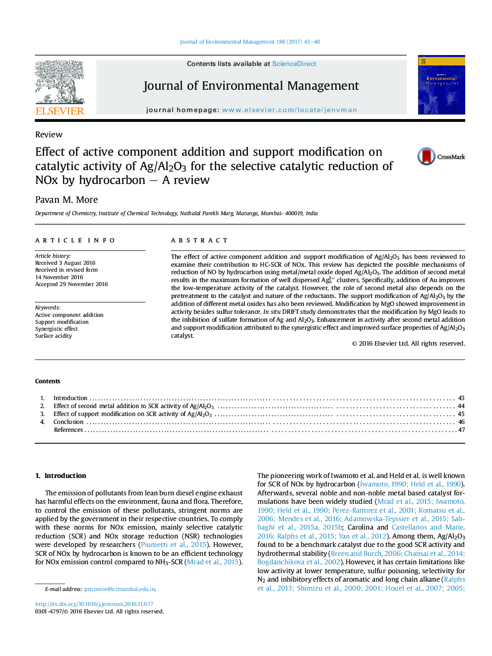 Effect of active component addition and support modification on catalytic activity of Ag/Al2O3 for the selective catalytic reduction of NOx by hydrocarbon - A review