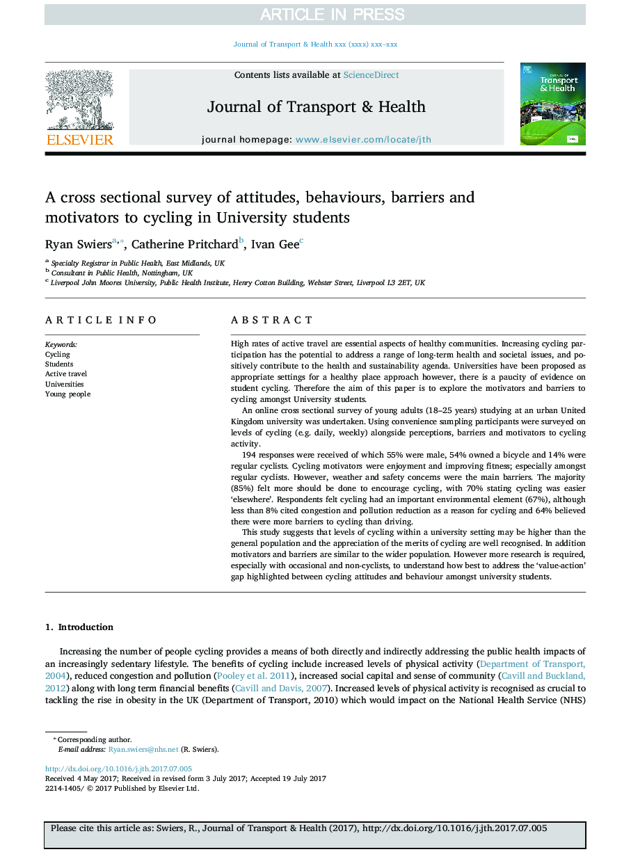 یک بررسی مقطعی از نگرش ها، رفتارها، موانع و انگیزه ها برای دوچرخه سواری در دانشجویان دانشگاه 