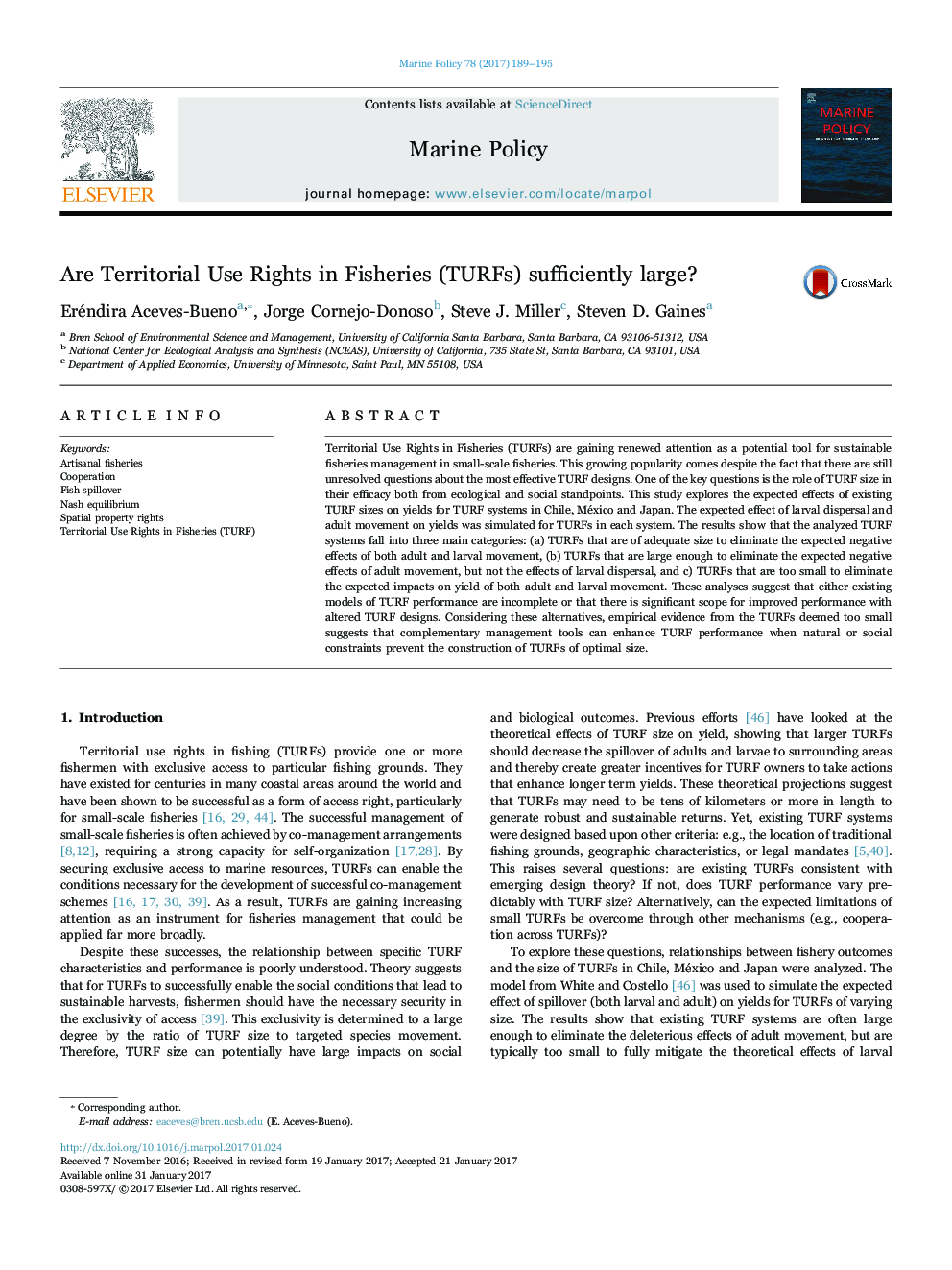 Are Territorial Use Rights in Fisheries (TURFs) sufficiently large?