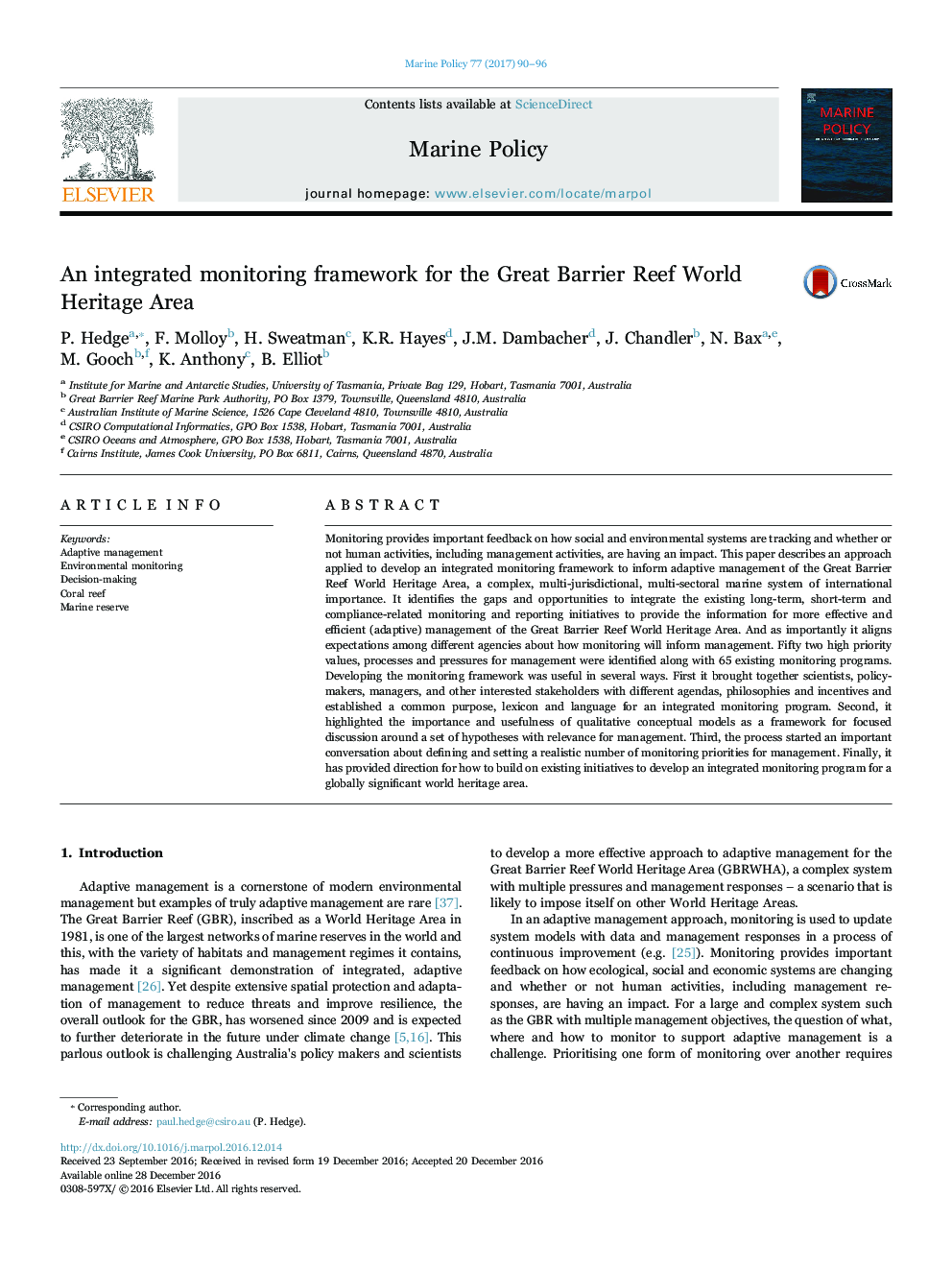 An integrated monitoring framework for the Great Barrier Reef World Heritage Area