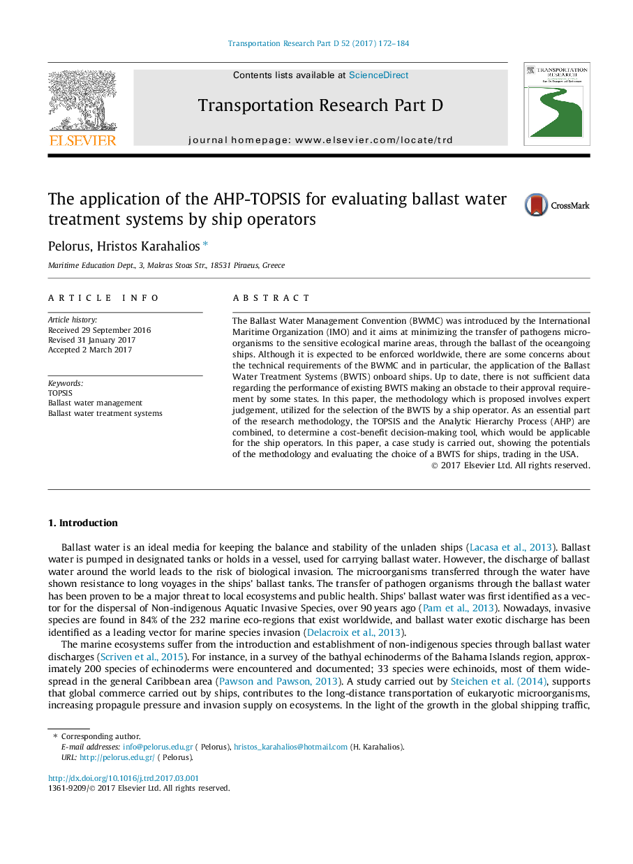 The application of the AHP-TOPSIS for evaluating ballast water treatment systems by ship operators