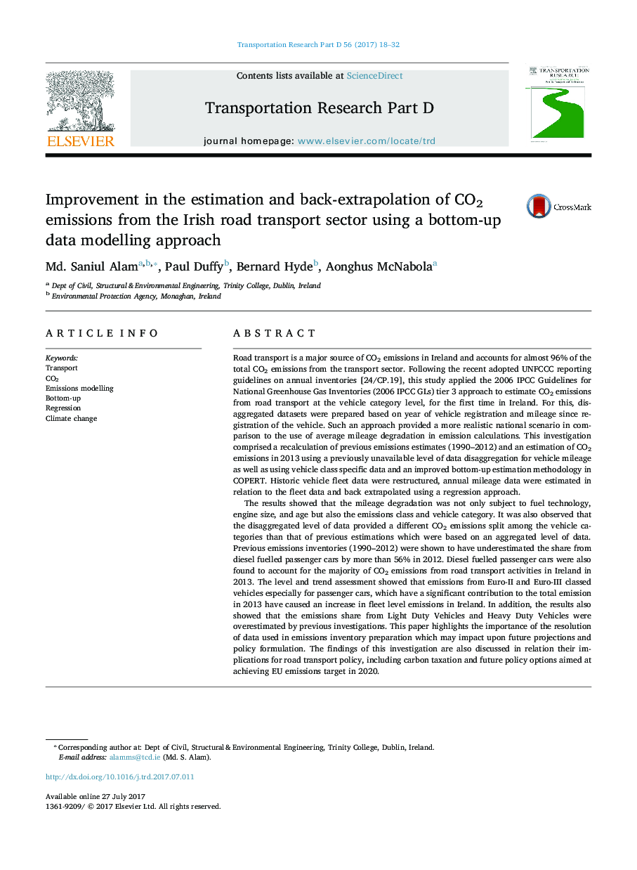 Improvement in the estimation and back-extrapolation of CO2 emissions from the Irish road transport sector using a bottom-up data modelling approach