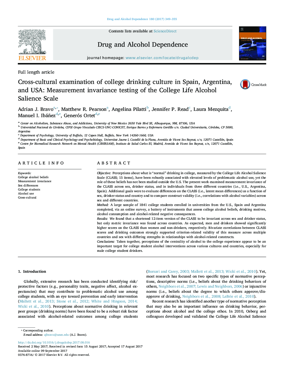 Cross-cultural examination of college drinking culture in Spain, Argentina, and USA: Measurement invariance testing of the College Life Alcohol Salience Scale