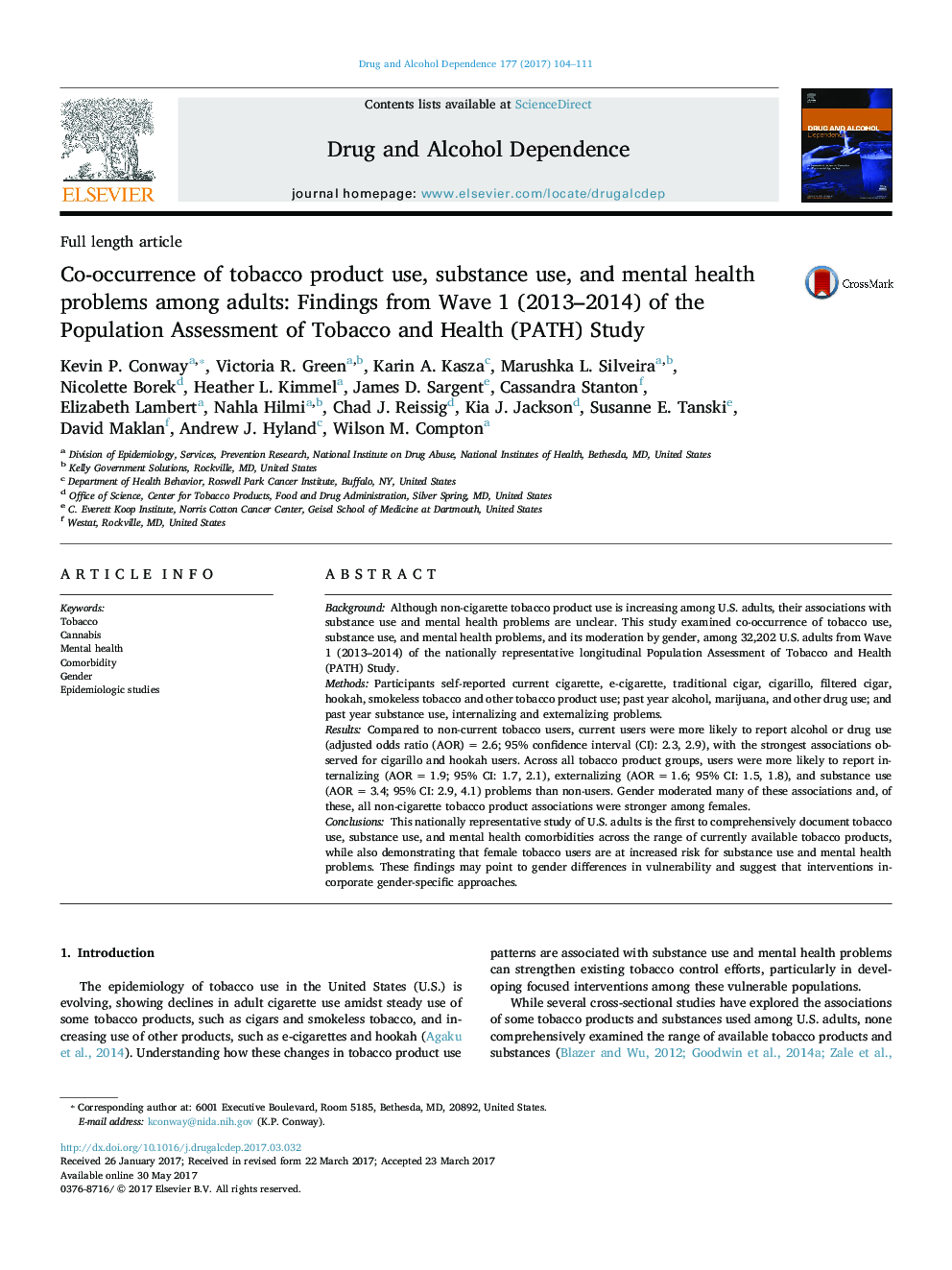 Full length articleCo-occurrence of tobacco product use, substance use, and mental health problems among adults: Findings from Wave 1 (2013-2014) of the Population Assessment of Tobacco and Health (PATH) Study