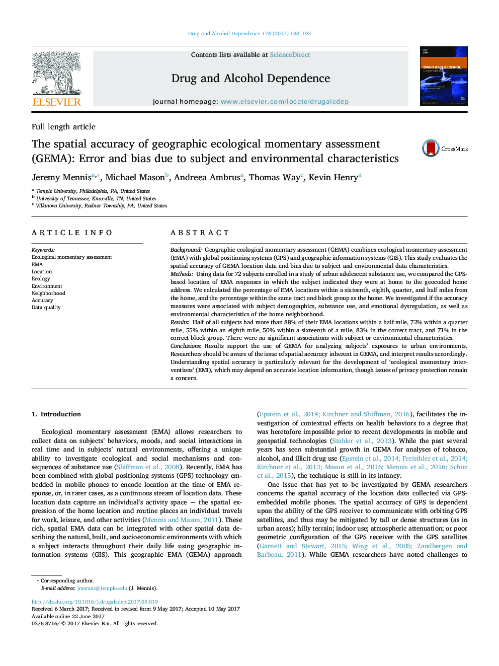 The spatial accuracy of geographic ecological momentary assessment (GEMA): Error and bias due to subject and environmental characteristics